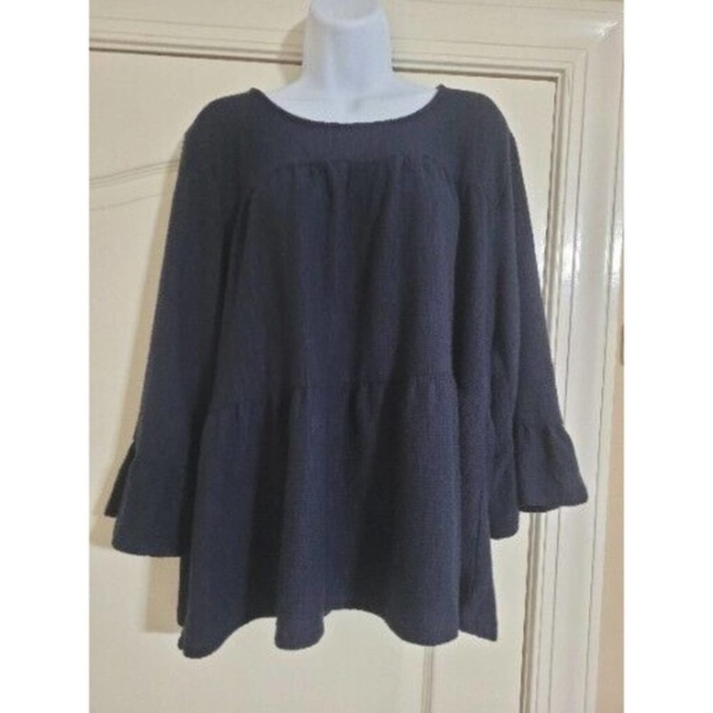 Mello Day Tiered‎ Blouse With Bell Sleeves, Navy, Women's 1X, 3 Back Snaps